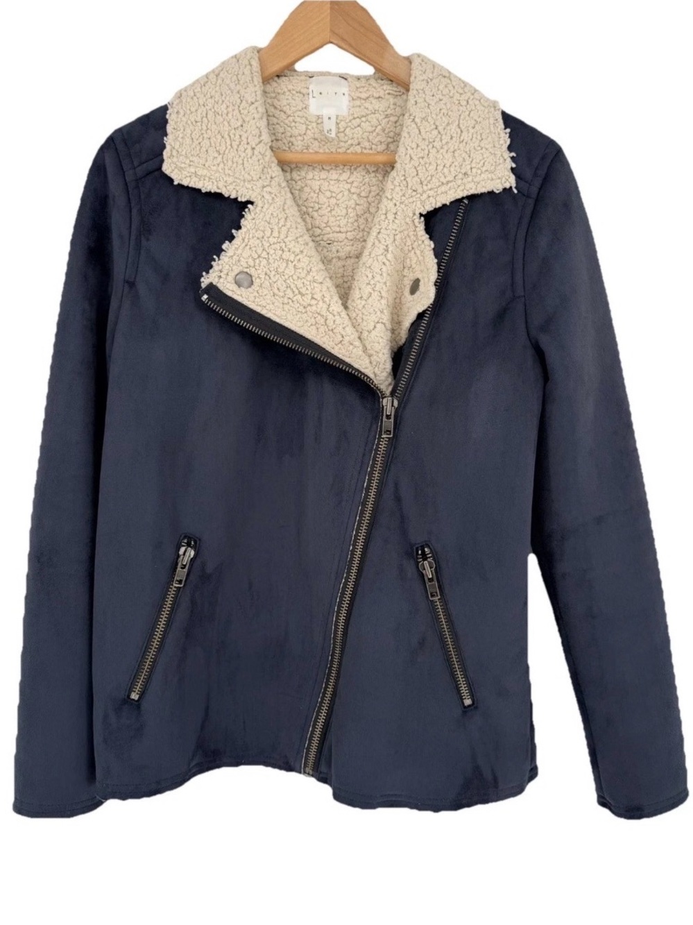 Leith Moto Jacket Women Medium Faux Suede Shearling Lined Asymmetric Zipper Blue